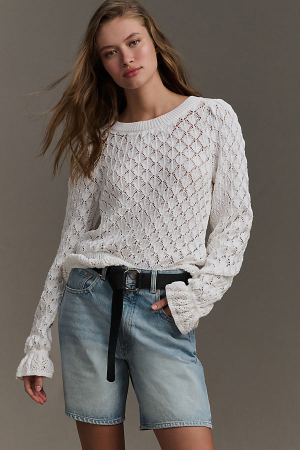 By Anthropologie Flounce-hem Pointelle Sweater In White
