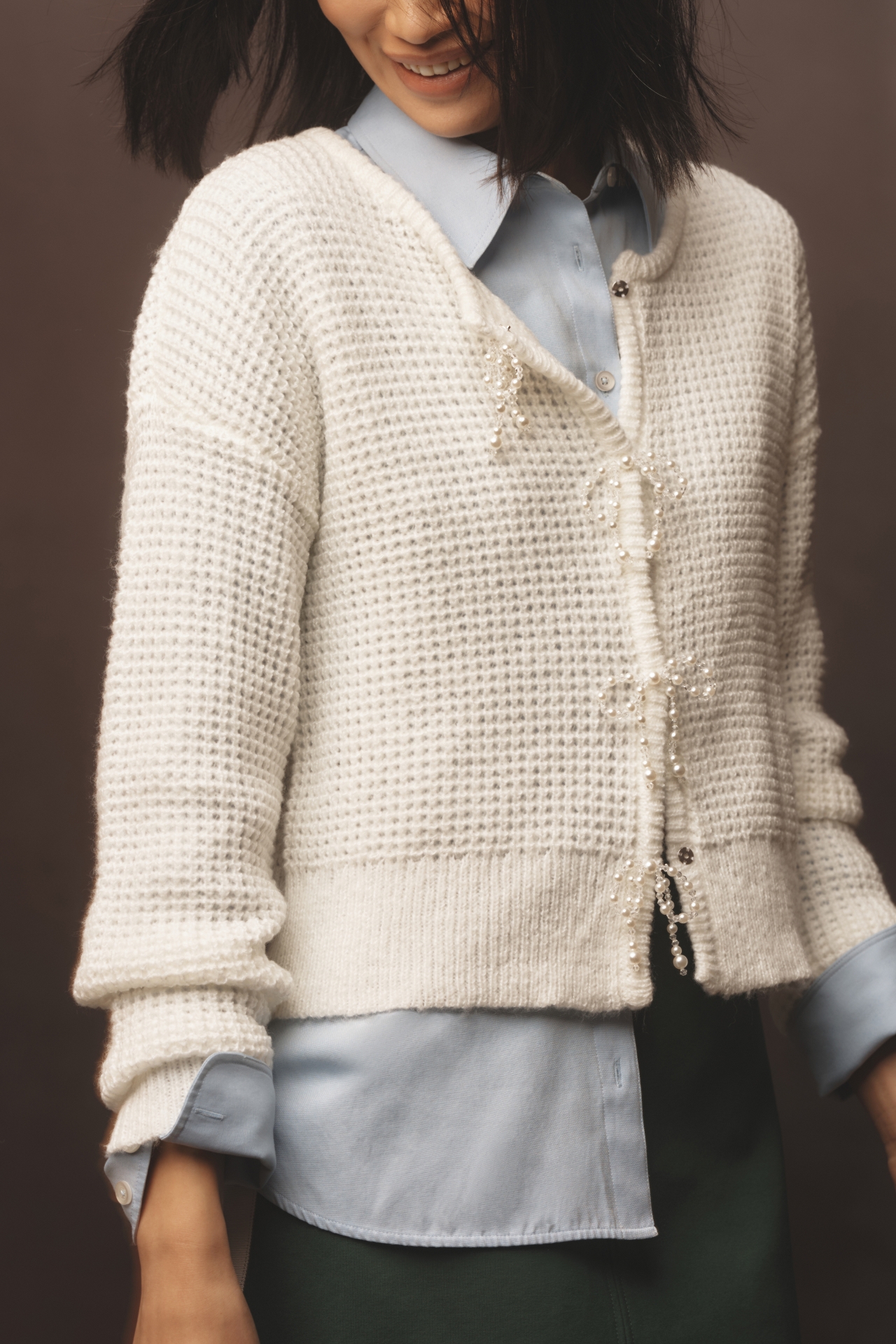 Maeve Textured Pearl Bow Cardigan Sweater