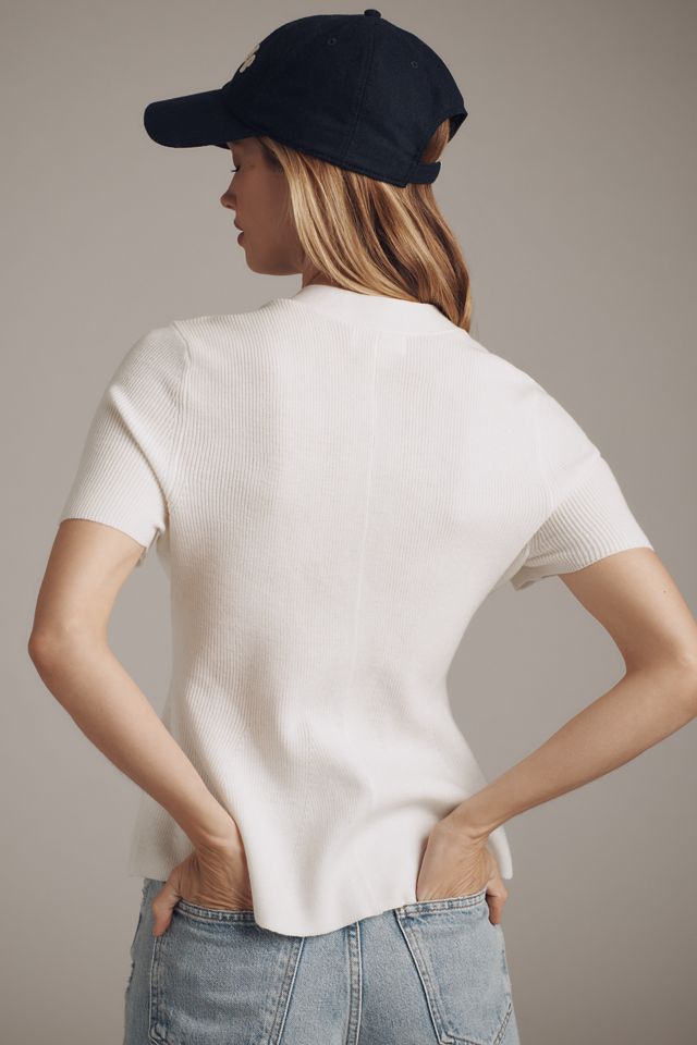 Maeve Short-Sleeve V-Neck Peplum Cardigan Sweater #1