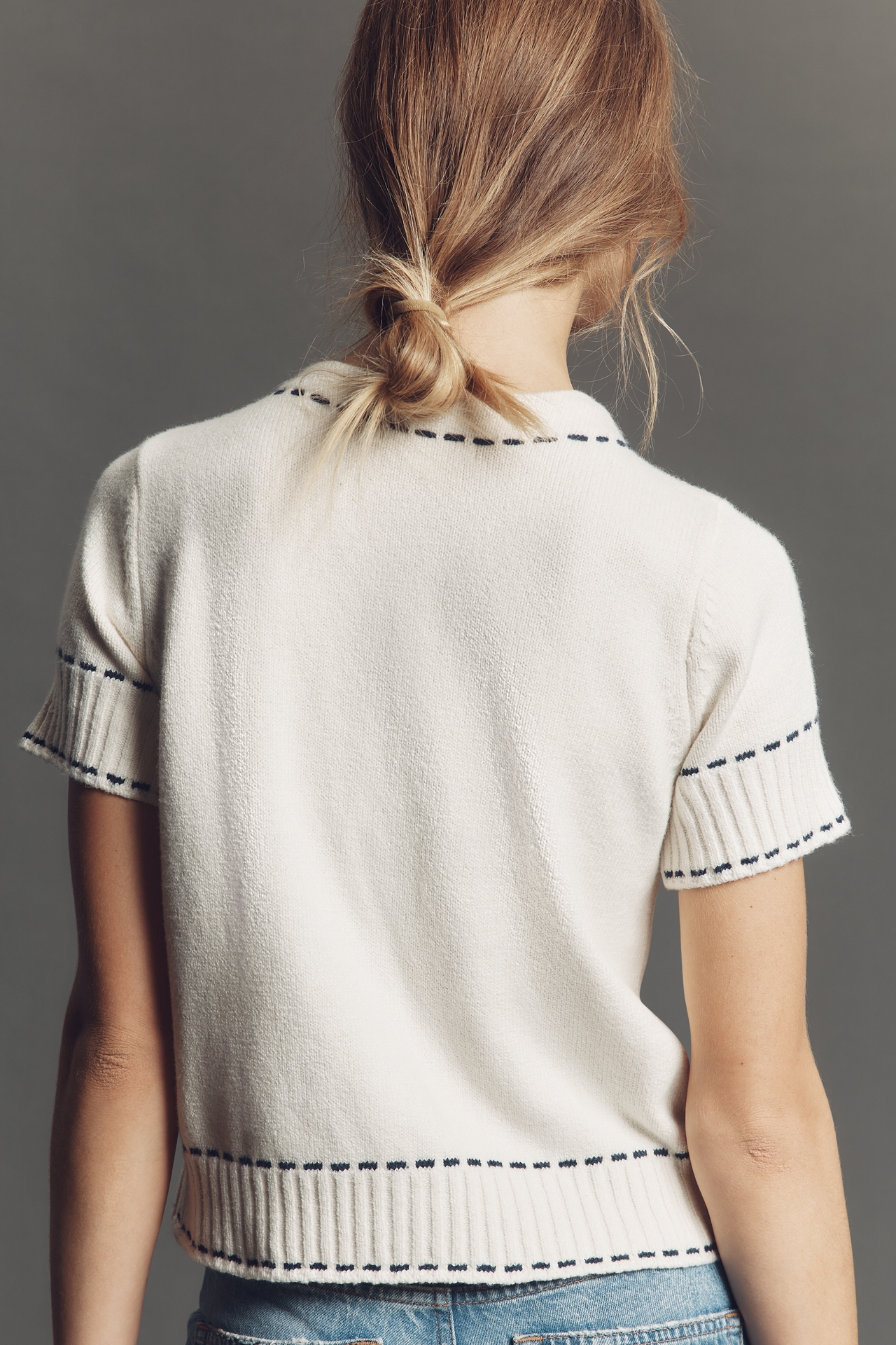 Design History Short-Sleeve Stitched Cardigan Sweater