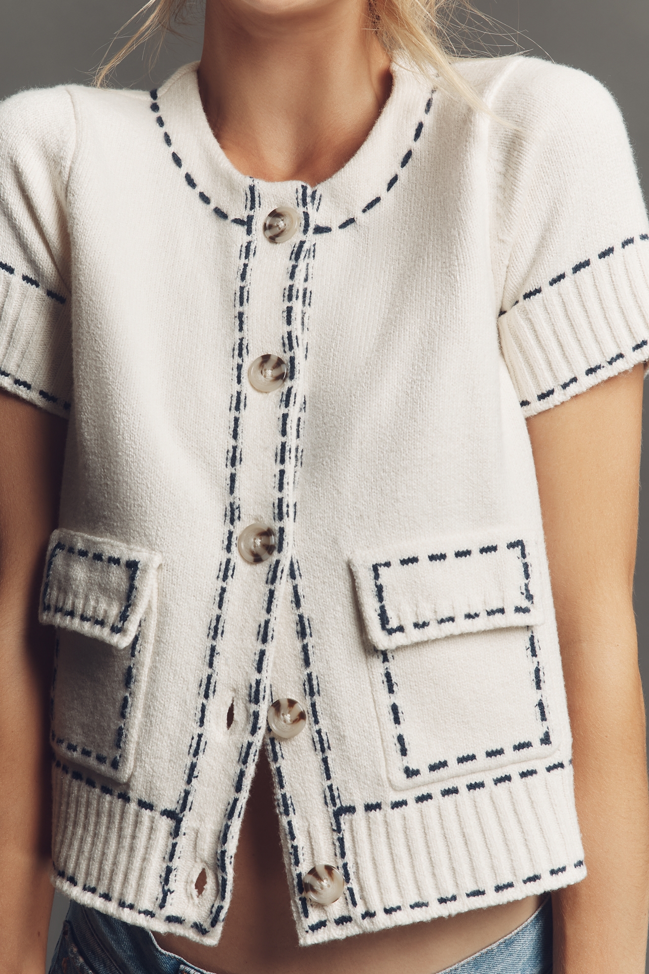 Design History Short-Sleeve Stitched Cardigan Sweater