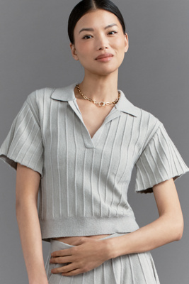 Maeve Short-Sleeve Collared V-Neck Ribbed Jumper