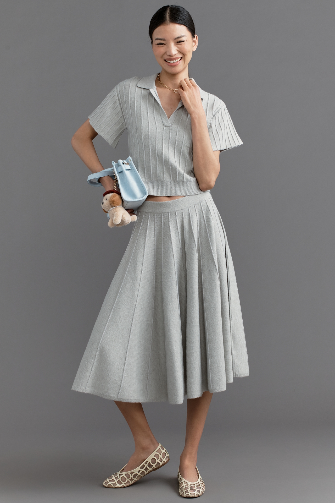 Maeve Short-Sleeve Collared V-Neck Ribbed Sweater