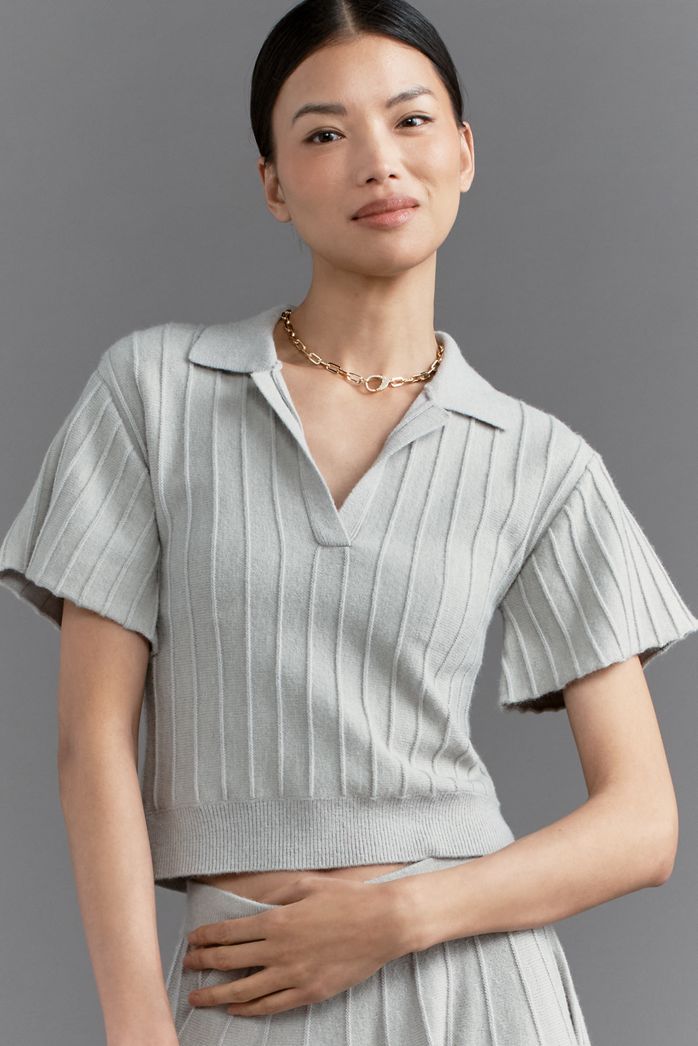 Maeve Short-Sleeve Collared V-Neck Ribbed Jumper