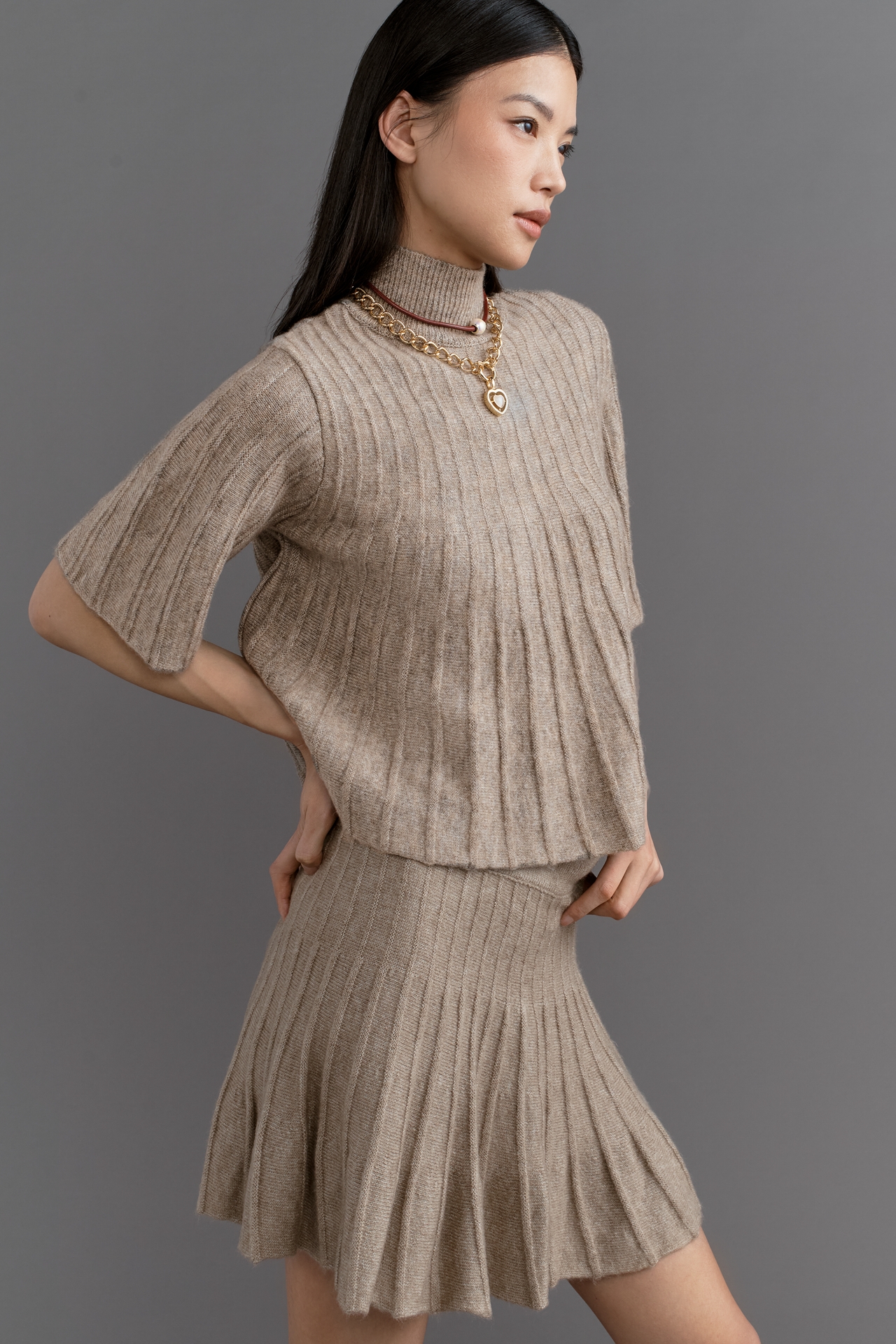 Maeve Short-Sleeve Mock-Neck Swing Sweater
