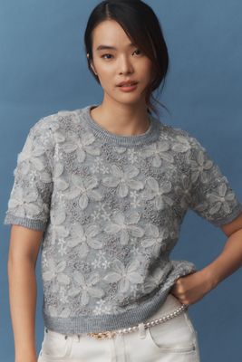 By Anthropologie 3D Floral Embellished Sweater Tee