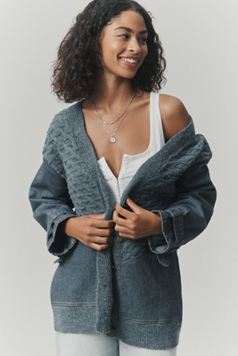 Pilcro Denim Mixed Media Cardigan Sweater In Gray