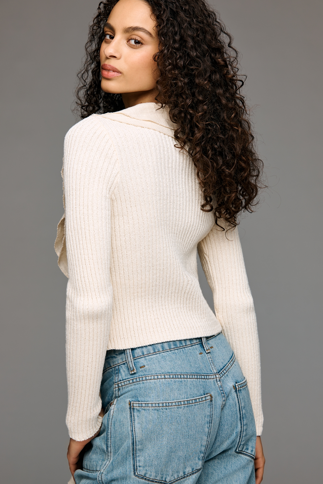 By Anthropologie Ruffled Tie-Front Ribbed Sweater