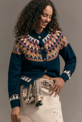 Pilcro Crew-neck Cozy Fairisle Cardigan Sweater In Blue