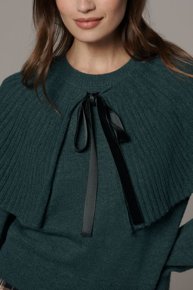 Maeve Tie-Neck Ribbed Cape Sweater #1
