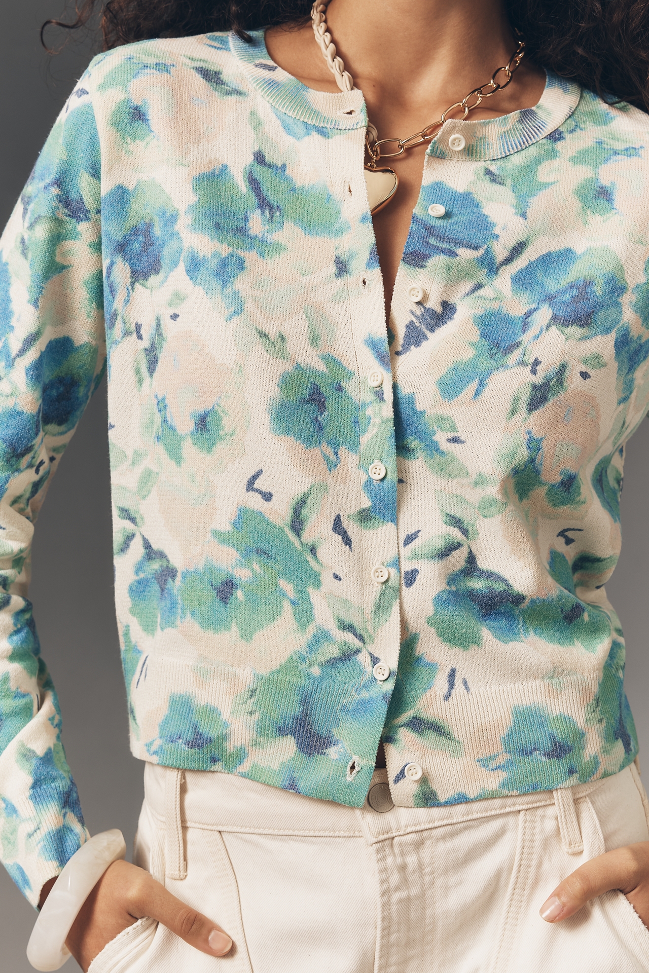 By Anthropologie Long-Sleeve Floral Crew Cardigan Sweater