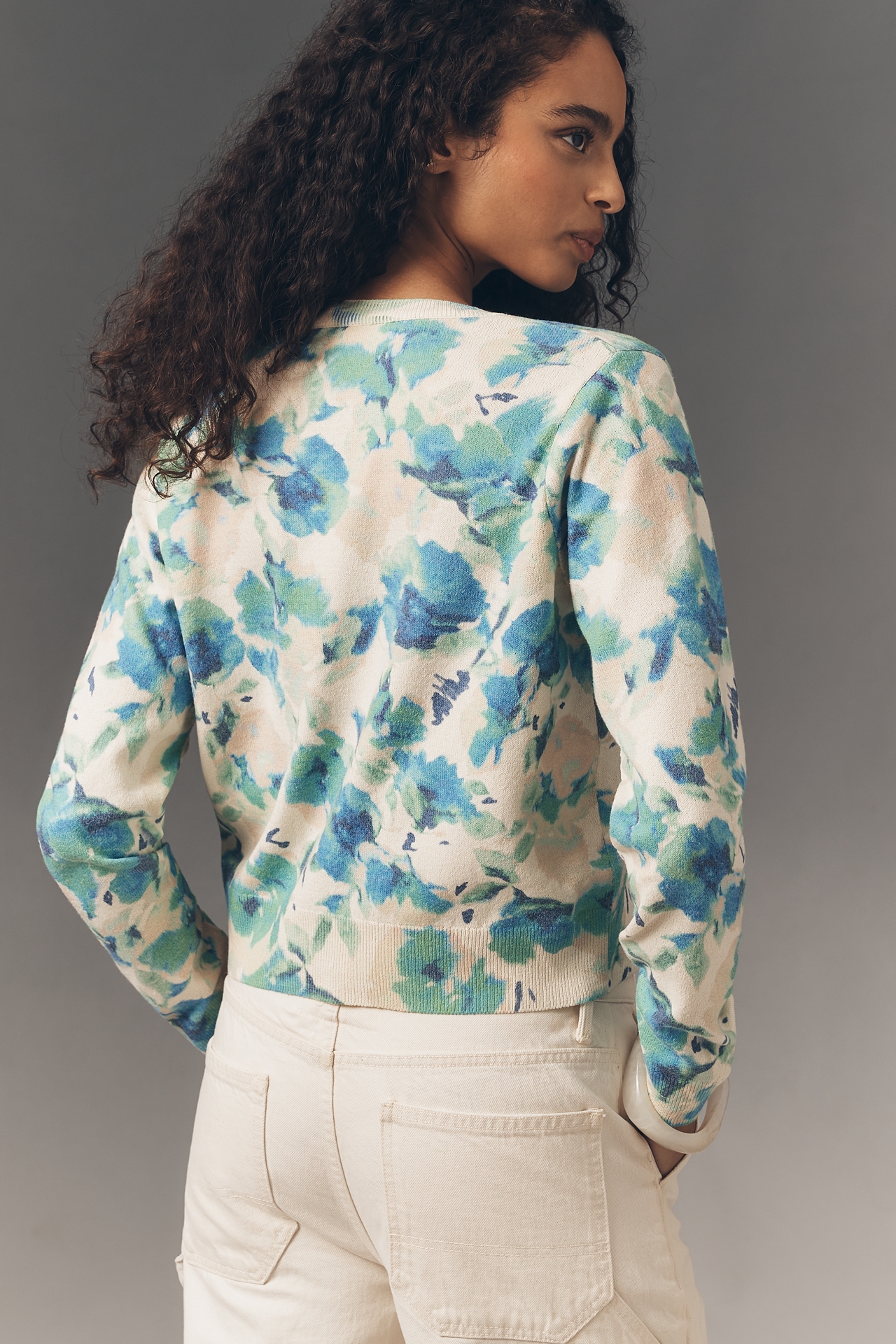 By Anthropologie Long-Sleeve Floral Crew Cardigan Sweater