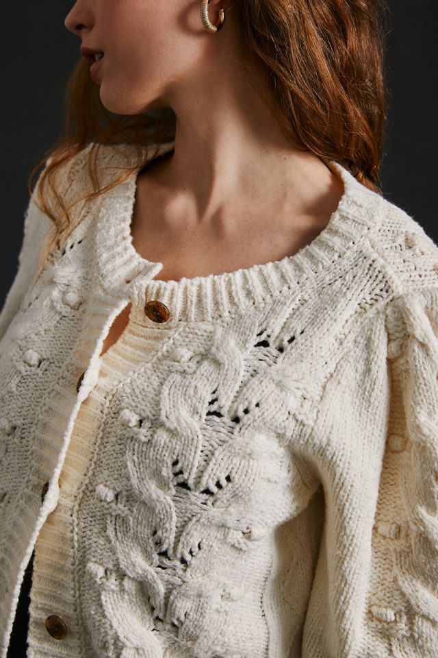 Maeve Cable-Knit Puff-Sleeve Cardigan Sweater #2