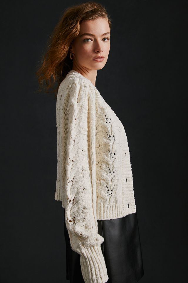 Maeve Cable-Knit Puff-Sleeve Cardigan Sweater #3