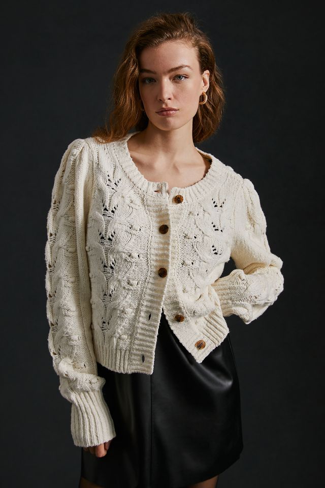 Maeve Cable-Knit Puff-Sleeve Cardigan Sweater | Anthropologie