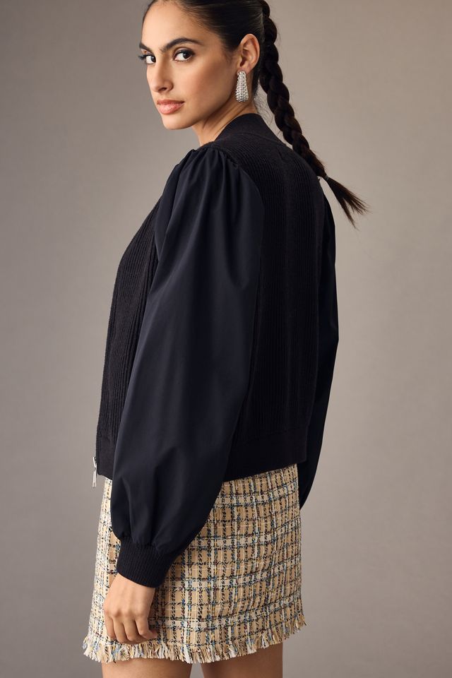 Maeve Puff-Sleeve Bomber Sweater #1