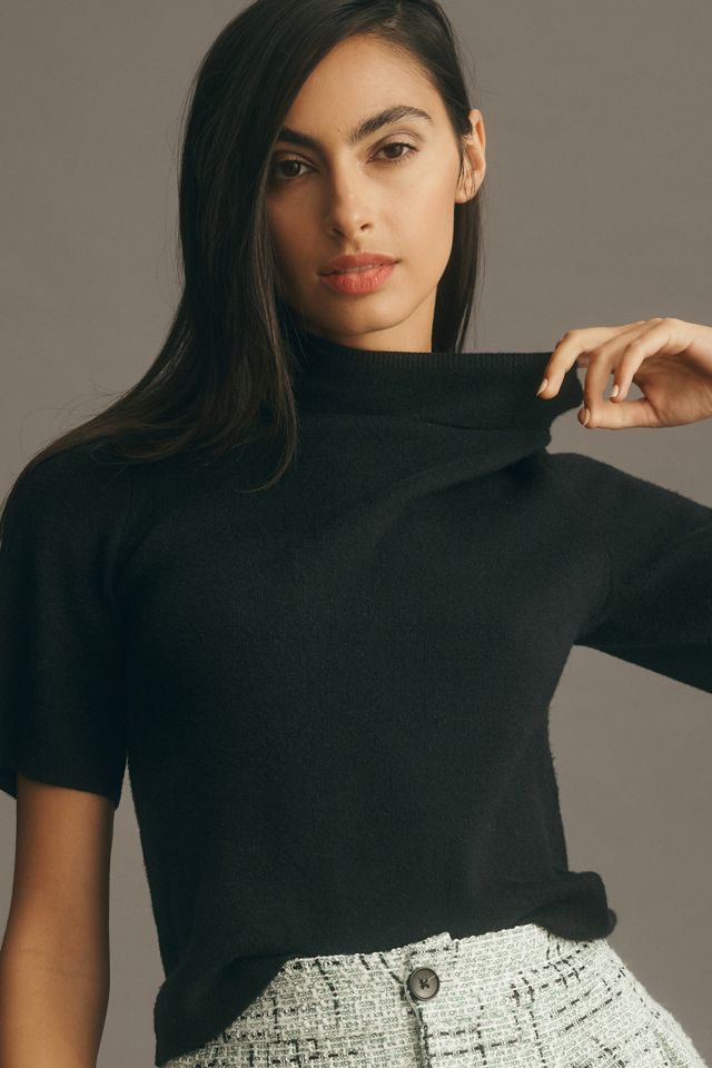 Maeve Cropped Short-Sleeve Mock-Neck Sweater #1