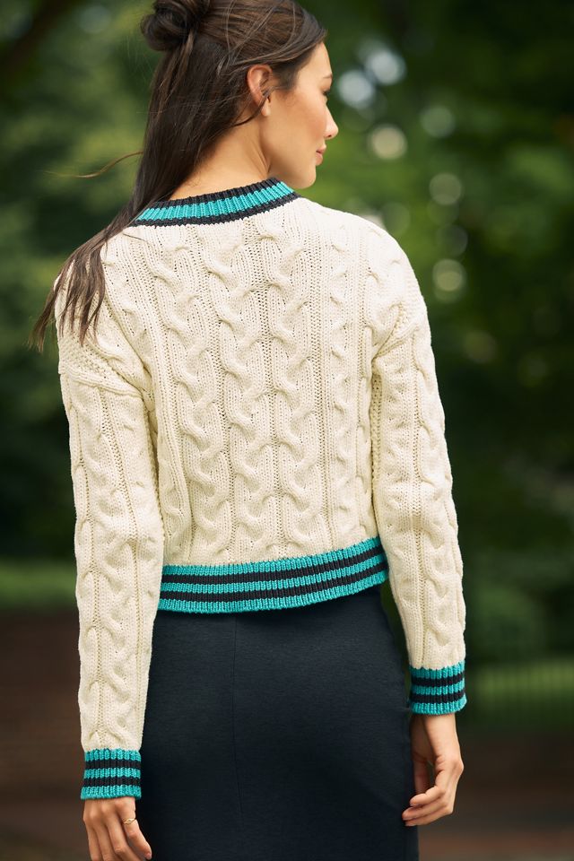 Maeve Varsity Cable-Knit Cardigan Sweater #1