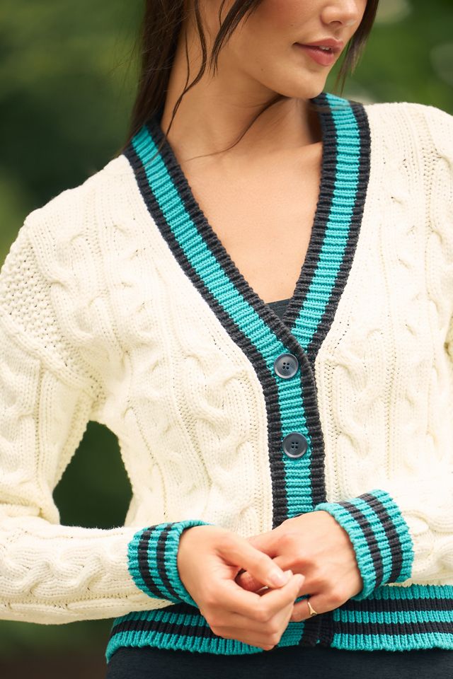 Maeve Varsity Cable-Knit Cardigan Sweater #3