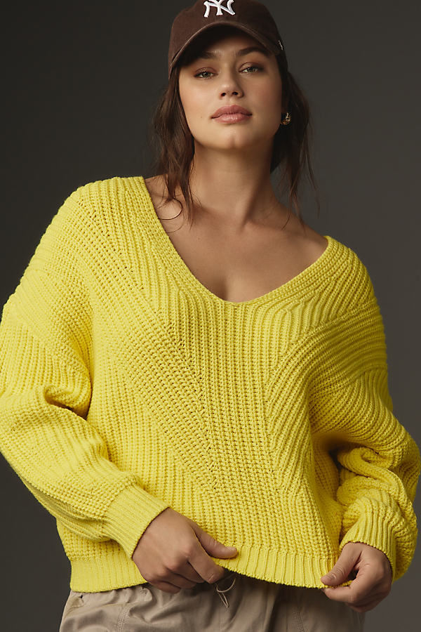 Maeve V-neck Sculptured Pullover Sweater In Yellow
