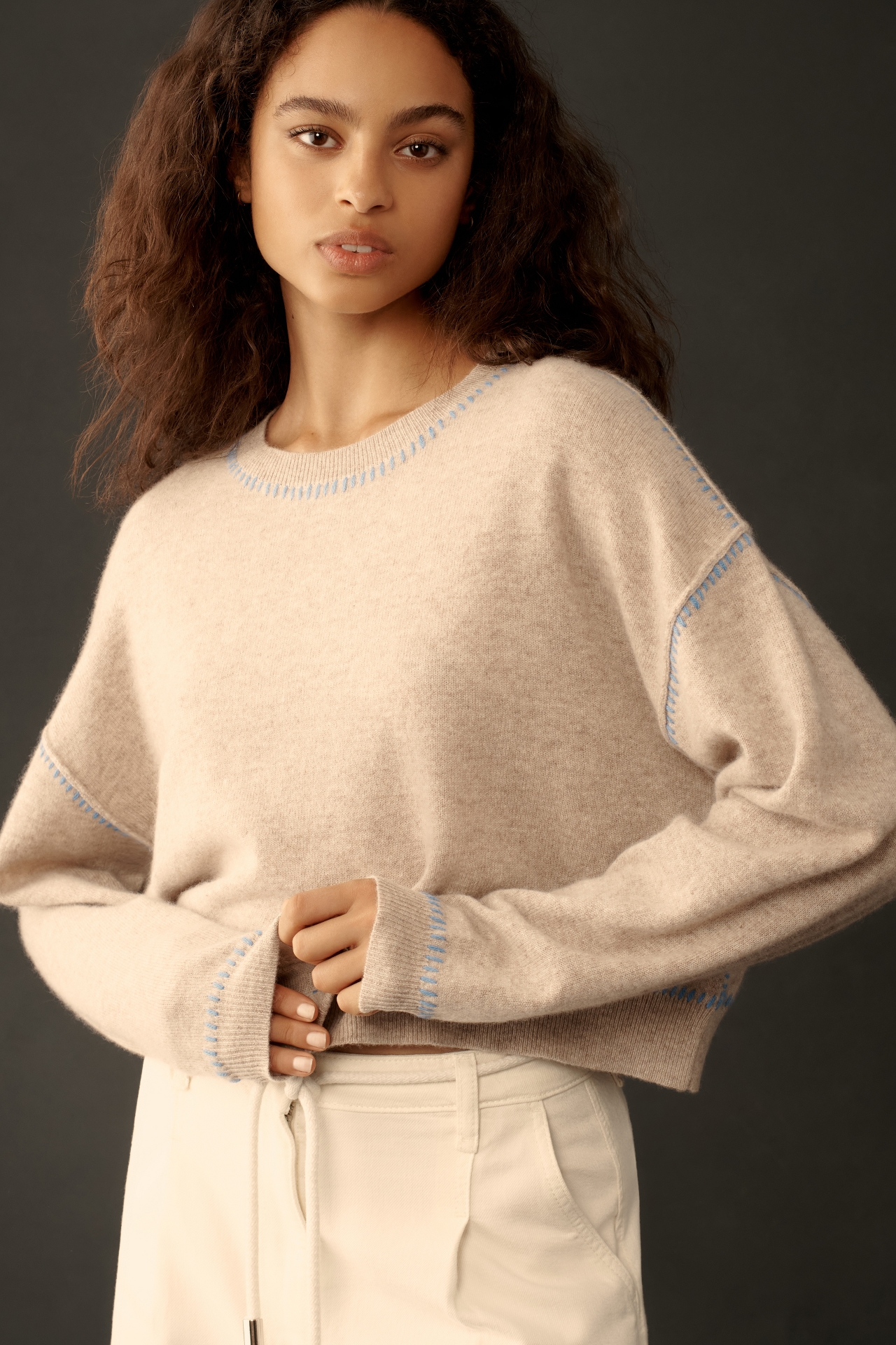 The Alani Cashmere Sweater by Pilcro: Cropped Crew-Neck Whipstitch Edition