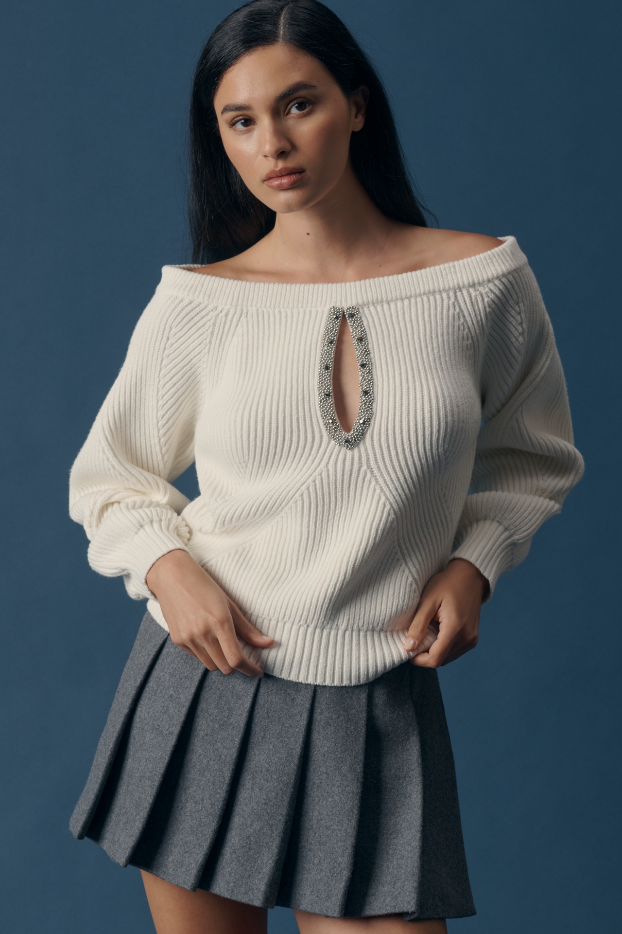 Maeve Embellished Asymmetrical Off-the-Shoulder Keyhole Sweater