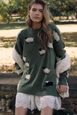 Maeve Oversized Graphic Crew-neck Sweater In Green