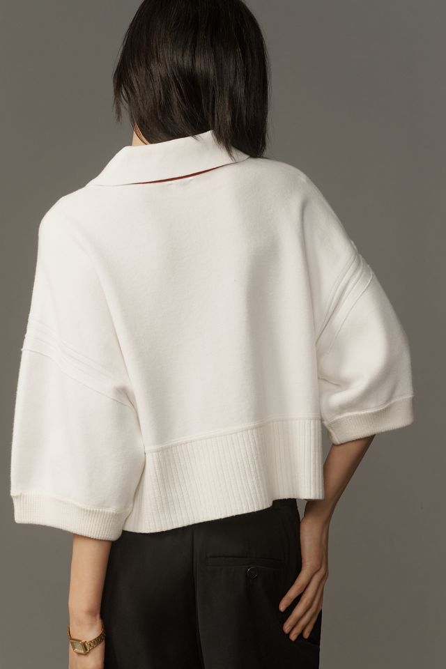 Maeve Elbow-Sleeve Compact Collared V-Neck Sweater #1