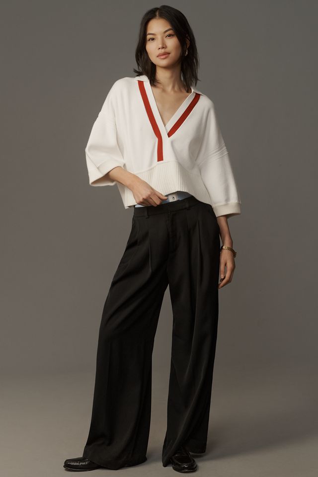 Maeve Elbow-Sleeve Compact Collared V-Neck Sweater #2