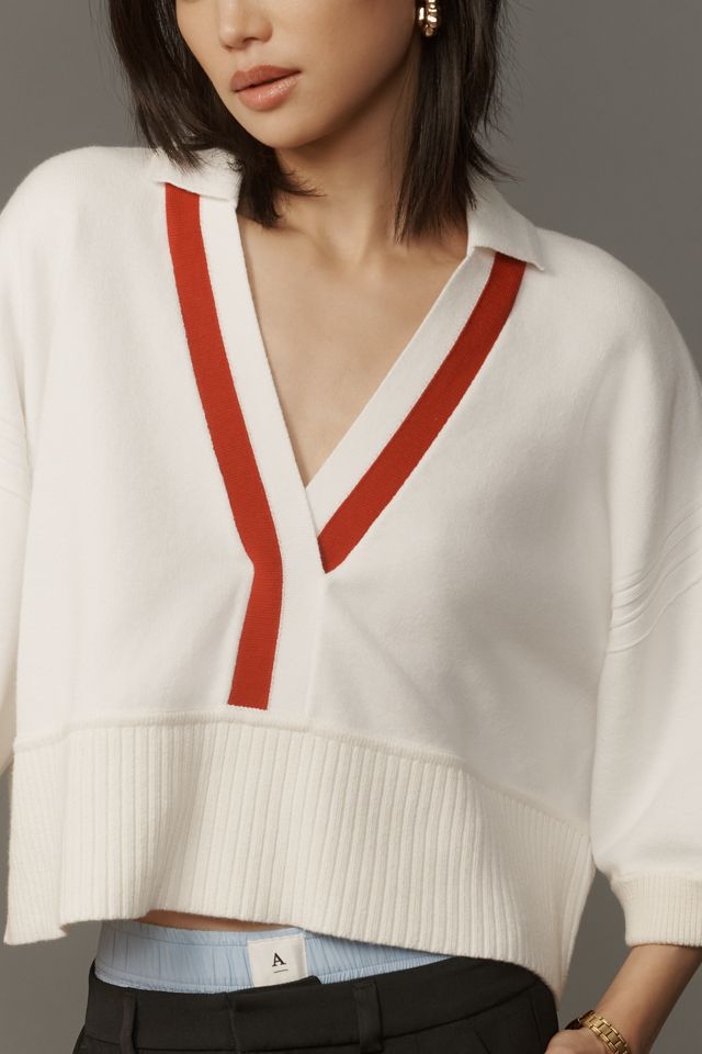 Maeve Elbow-Sleeve Compact Collared V-Neck Sweater #3