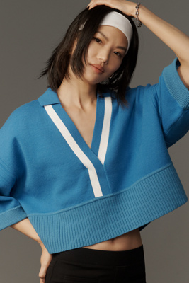 Shop Maeve Elbow-sleeve Compact Collared V-neck Sweater In Blue