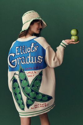 Maeve Puff-Sleeve Inset-Graphic Cardigan Sweater