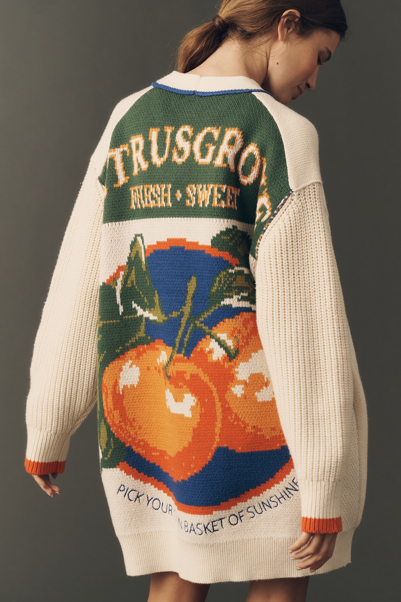 Maeve Cotton Blend Veggie Motif Cardigan Sweater