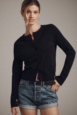 By Anthropologie The Juliet Crew-neck Cardigan Sweater: Cotton Blend Edition In Black