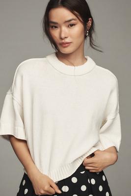 By Anthropologie The Goldie Cotton Crew Neck Sweater In White