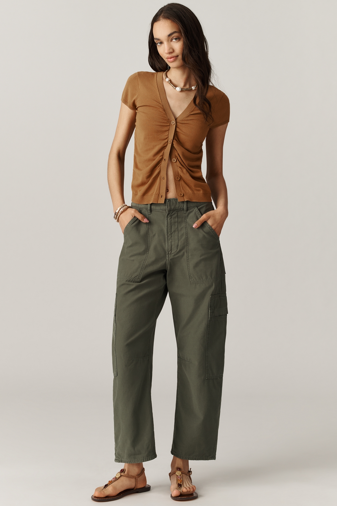 By Anthropologie Cardigan Ruched Short-Sleeve V-Neck Sweater