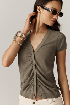 Cardigan Ruched Short-Sleeve V-Neck Sweater