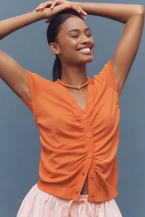 By Anthropologie Cardigan Ruched Short-Sleeve V-Neck Sweater