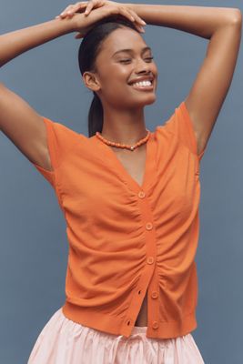 By Anthropologie Cardigan Ruched Short-Sleeve V-Neck Sweater