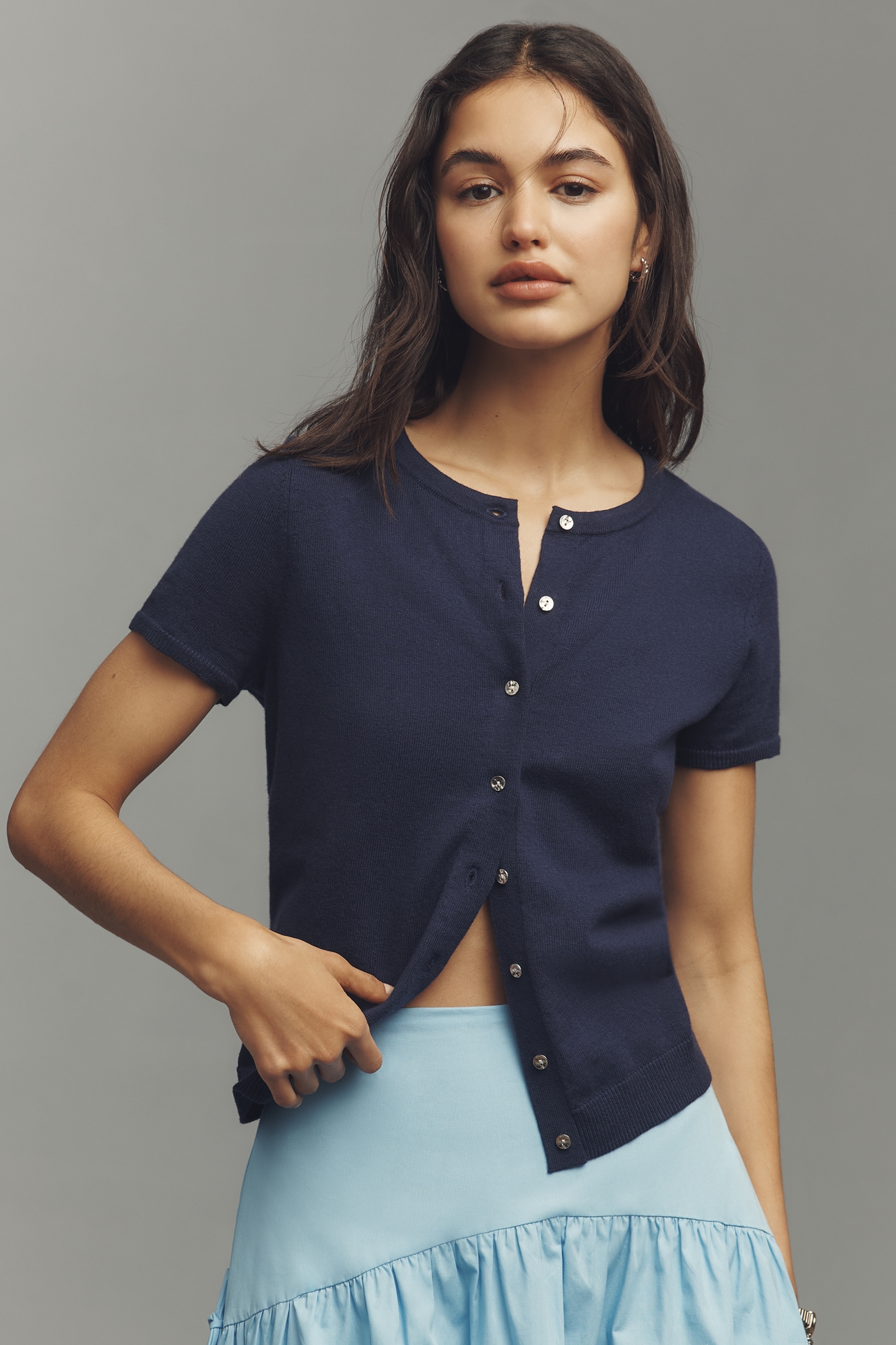 The Juliet Cotton Cashmere Short-Sleeve Crew-Neck Cardigan Sweater