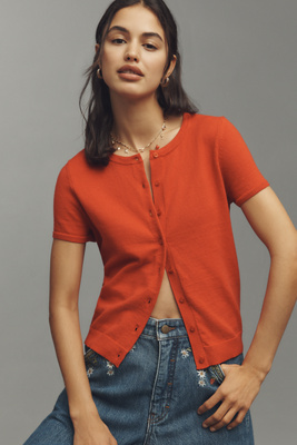 By Anthropologie The Juliet Cotton Cashmere Crew-neck Cardigan Sweater: Short-sleeve Edition