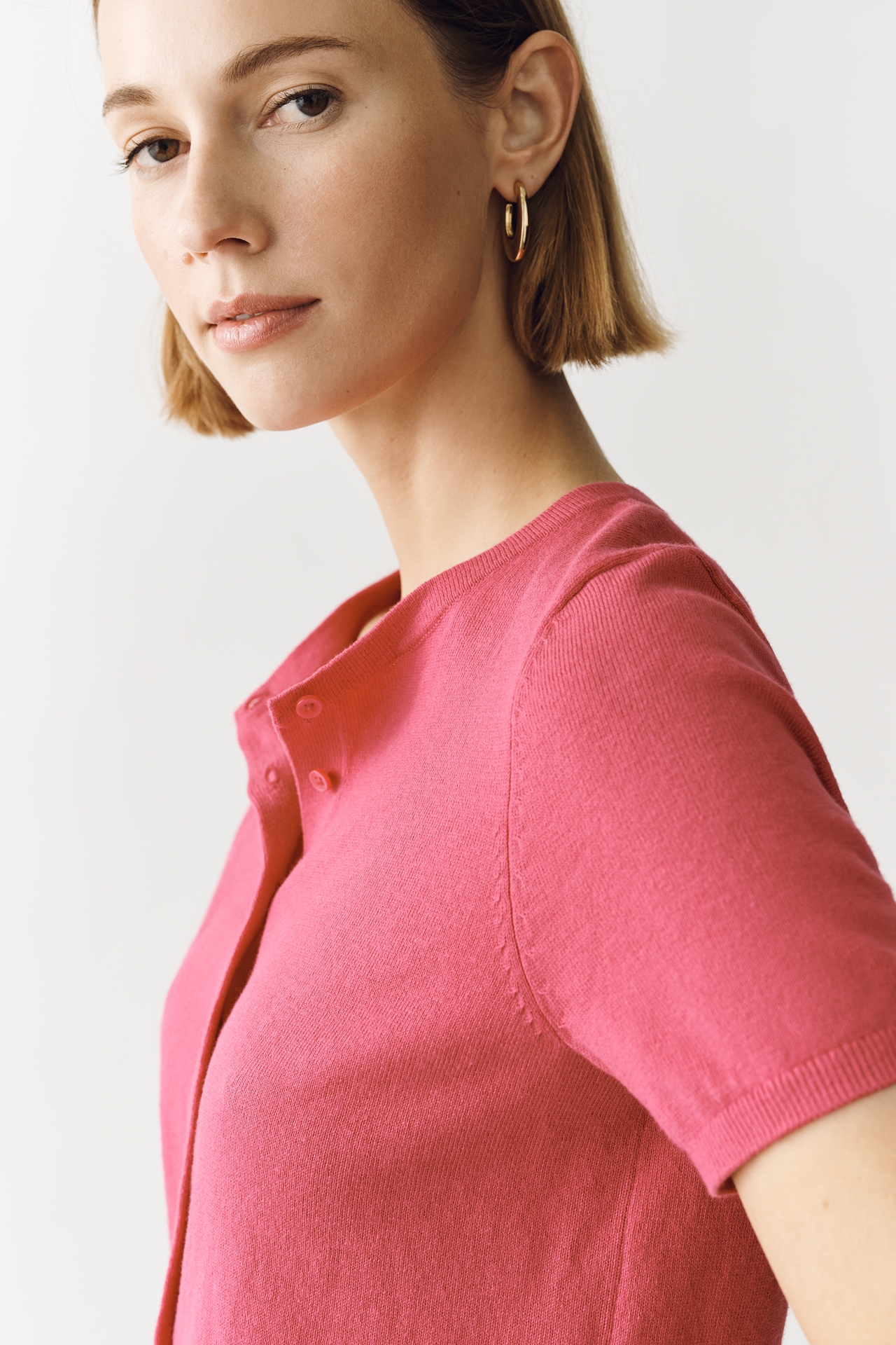 Juliet Cotton Cashmere Short-Sleeve Crew-Neck Cardigan Sweater