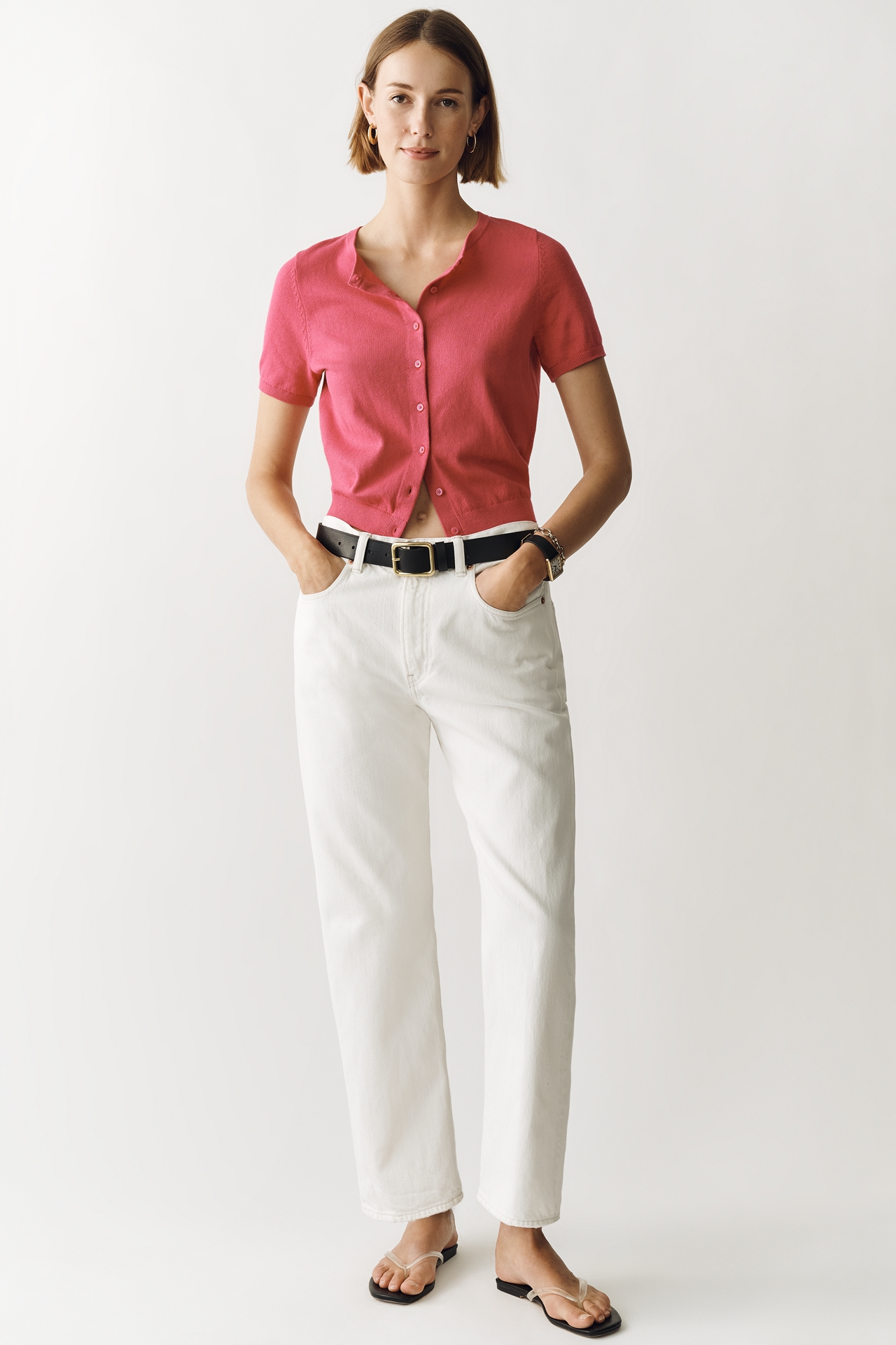 Juliet Cotton Cashmere Short-Sleeve Crew-Neck Cardigan Sweater