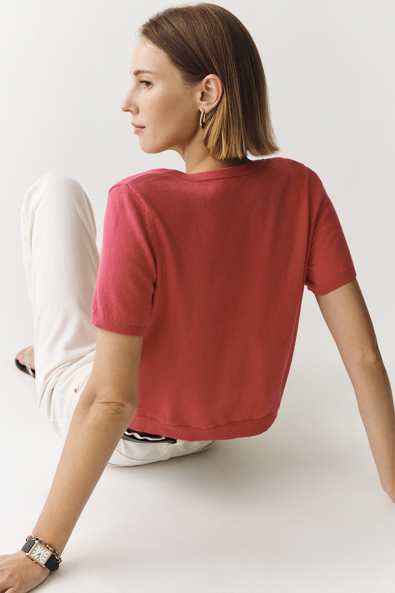 Juliet Cotton Cashmere Short-Sleeve Crew-Neck Cardigan Sweater