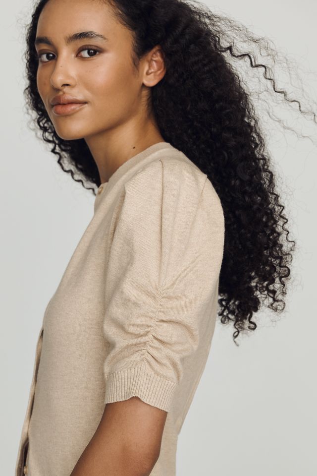 By Anthropologie Cotton Cashmere Puff-Sleeve Crew-Neck Cardigan Sweater #1