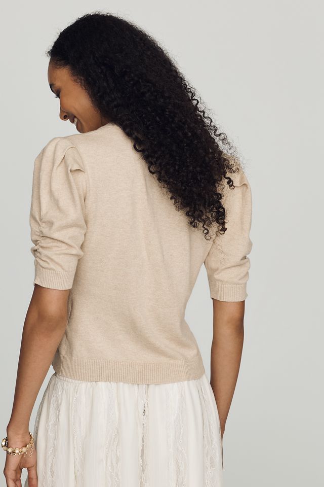 By Anthropologie Cotton Cashmere Puff-Sleeve Crew-Neck Cardigan Sweater #2