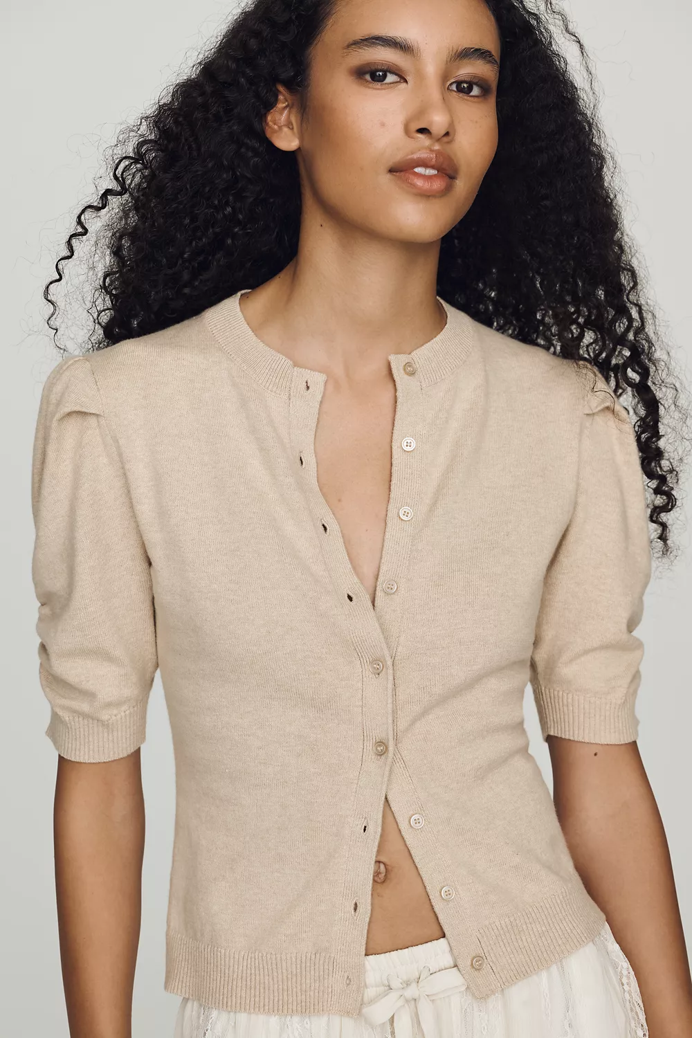 By Anthropologie Cotton Cashmere Puff-Sleeve Crew-Neck Cardigan Sweater