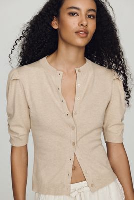 By Anthropologie Cotton Cashmere Puff-Sleeve Crew-Neck Cardigan Sweater