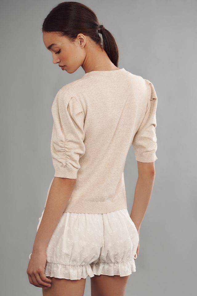 By Anthropologie Cotton Cashmere Puff-Sleeve Crew-Neck Cardigan Sweater