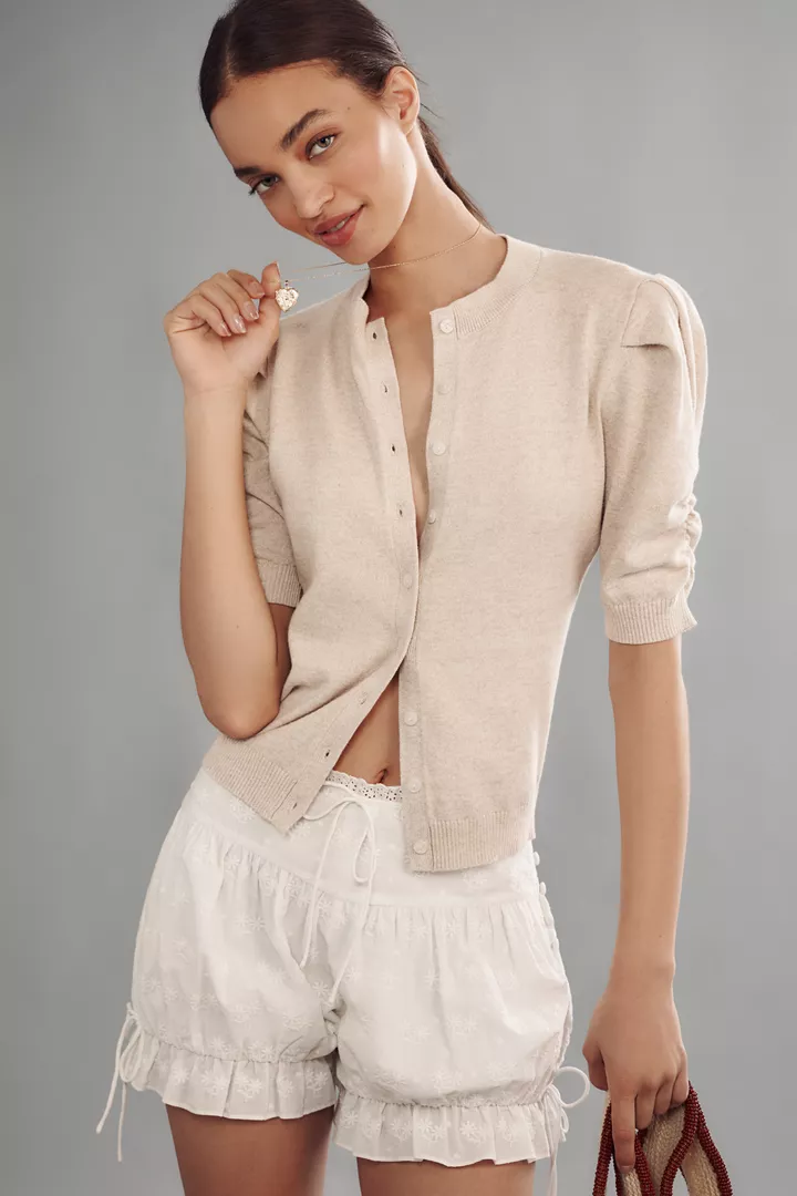 Cotton Cashmere Puff-Sleeve Crew-Neck Cardigan Sweater